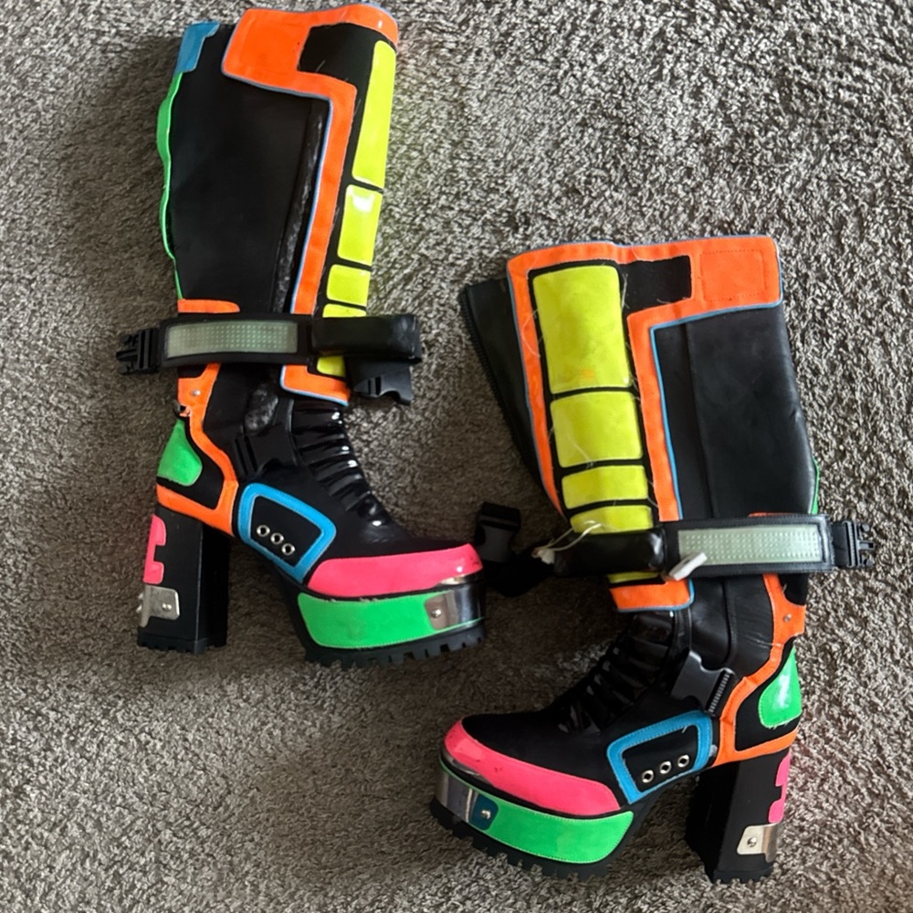 Dolls Kill Neon Multi-Color Platform Combat Moto Boots